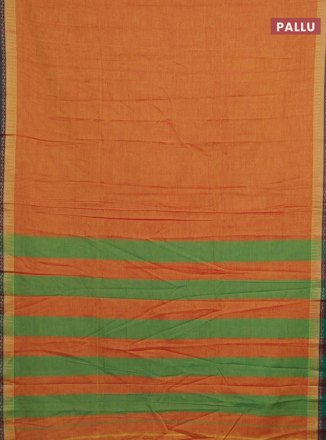 Narayanpet cotton saree mustard yellow and dual shade of green with plain body and temple design border