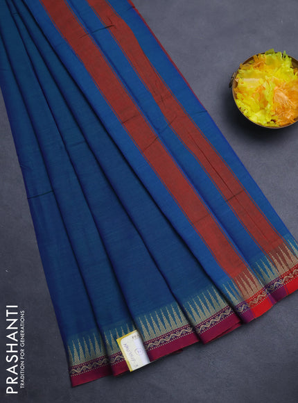 Narayanpet cotton saree dual shade of bluish green and maroon with plain body and temple design border
