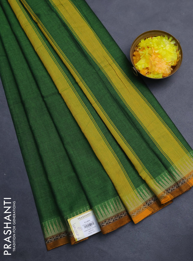 Narayanpet cotton saree green and mustard yellow with plain body and temple design border