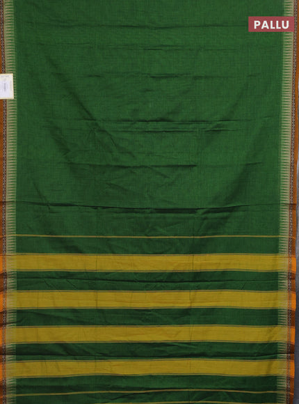 Narayanpet cotton saree green and mustard yellow with plain body and temple design border