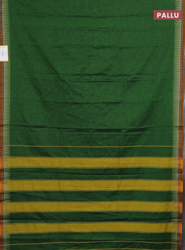 Narayanpet cotton saree green and mustard yellow with plain body and temple design border