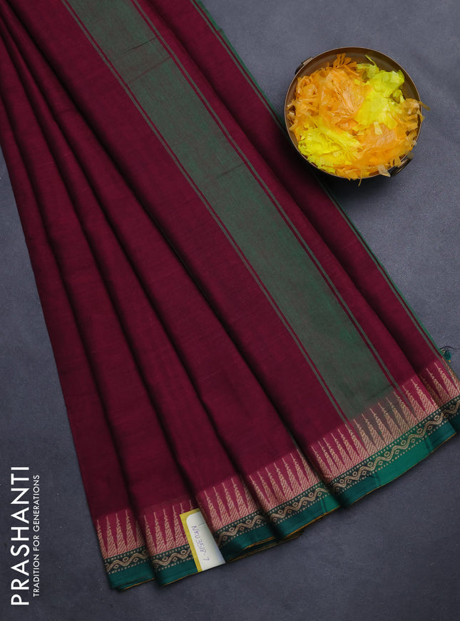 Narayanpet cotton saree dark magenta pink and green with plain body and temple design border