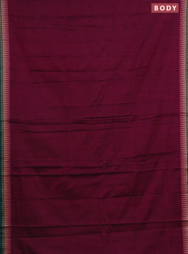 Narayanpet cotton saree dark magenta pink and green with plain body and temple design border