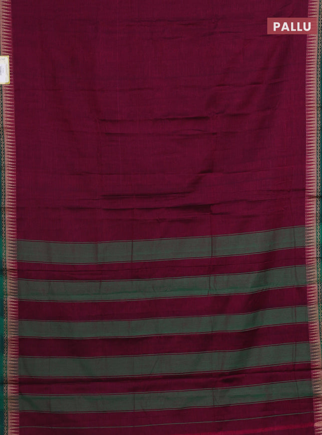 Narayanpet cotton saree dark magenta pink and green with plain body and temple design border