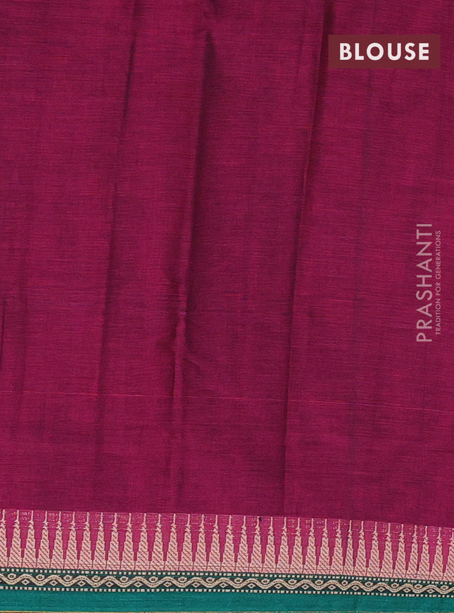 Narayanpet cotton saree dark magenta pink and green with plain body and temple design border