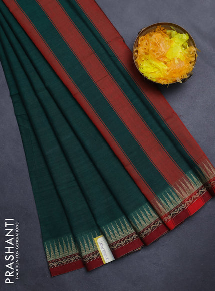 Narayanpet cotton saree green and maroon with plain body and temple design border