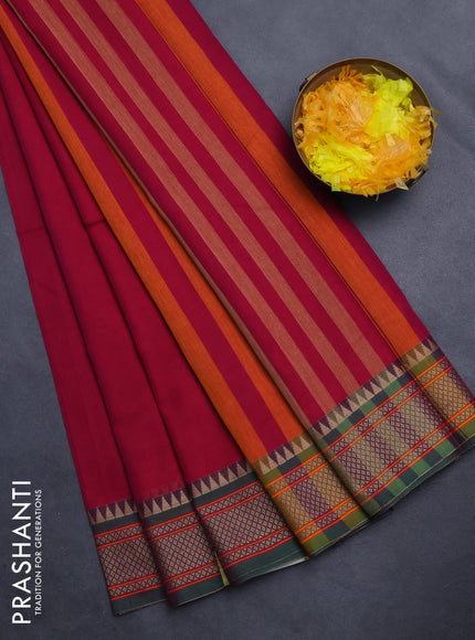 Narayanpet cotton saree magenta pink and dual shade of green with plain body and thread woven border