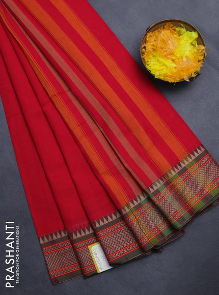 Narayanpet cotton saree pink and dual shade of green with plain body and thread woven border