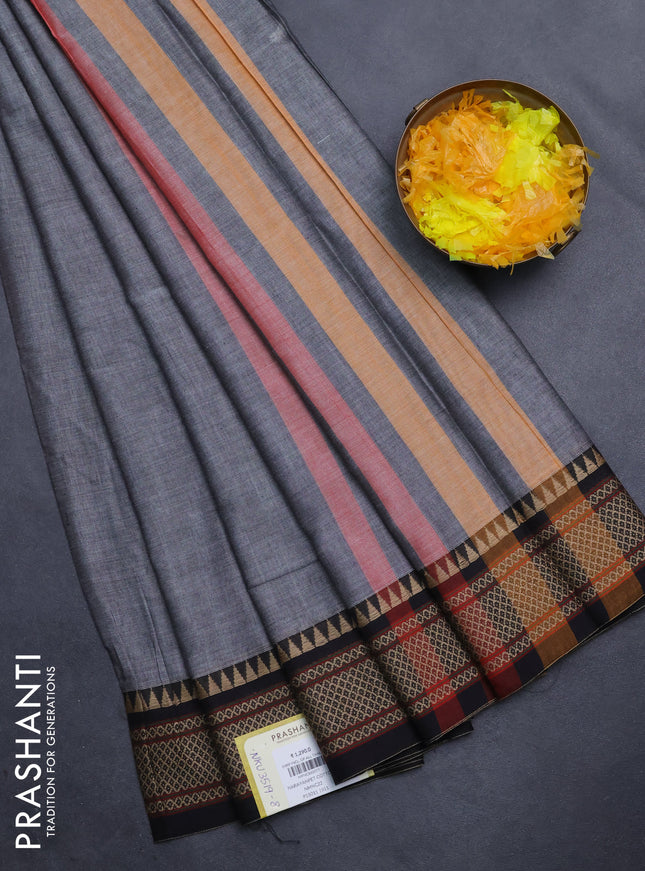 Narayanpet cotton saree grey and black with plain body and thread woven border