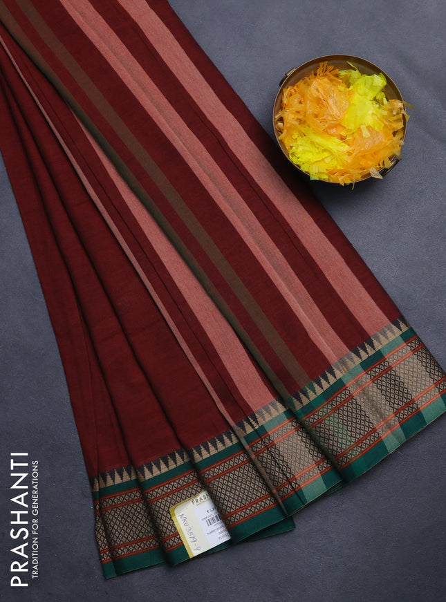 Narayanpet cotton saree maroon and green with plain body and thread woven border