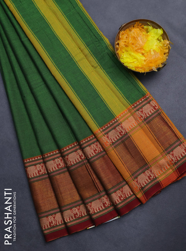 Narayanpet cotton saree green and maroon with plain body and thread & zari woven border