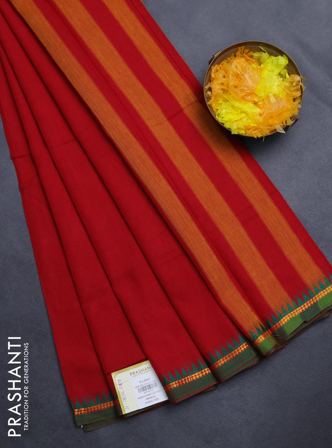 Narayanpet cotton saree red and green with plain body and simple zari border