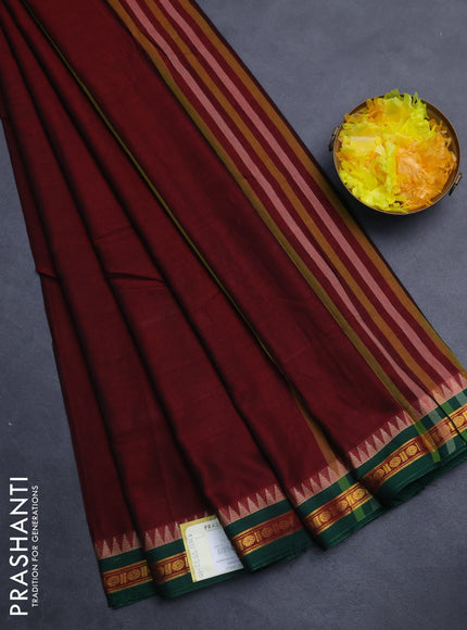 Narayanpet cotton saree maroon and green with plain body and temple design zari woven border