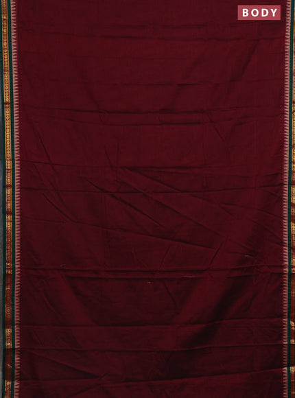 Narayanpet cotton saree maroon and green with plain body and temple design zari woven border