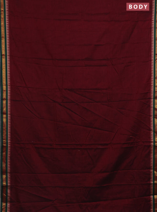 Narayanpet cotton saree maroon and green with plain body and temple design zari woven border