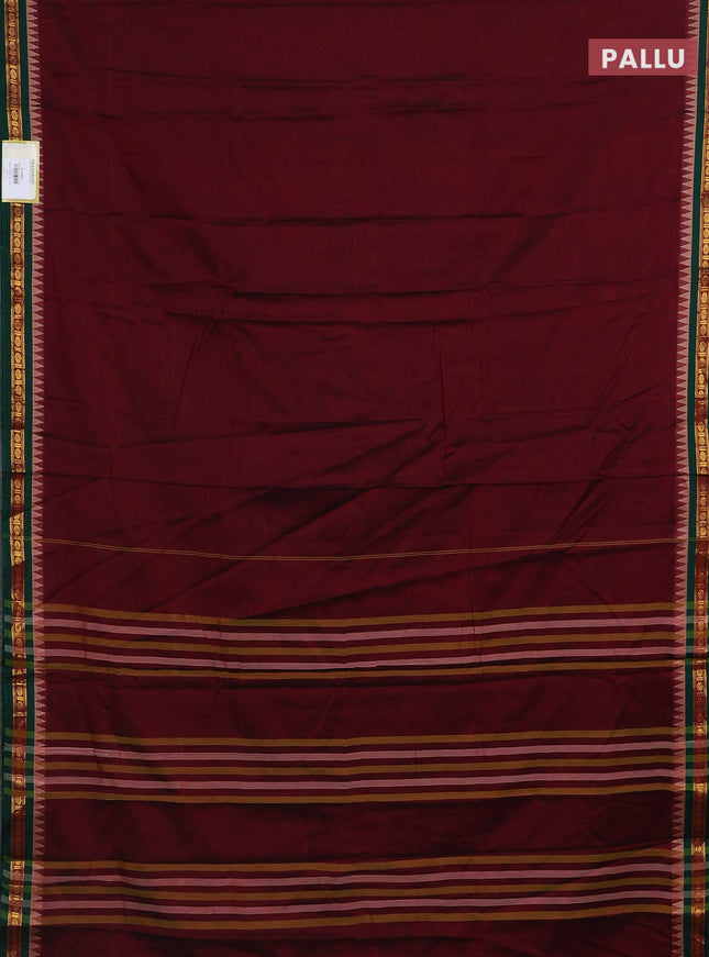 Narayanpet cotton saree maroon and green with plain body and temple design zari woven border