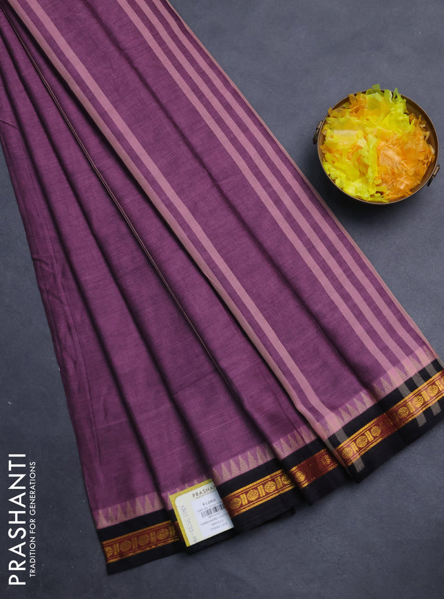 Narayanpet cotton saree mauve pink and black with plain body and temple design zari woven border