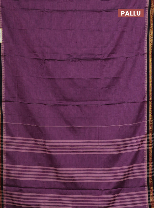 Narayanpet cotton saree mauve pink and black with plain body and temple design zari woven border