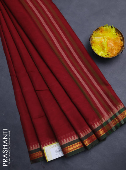 Narayanpet cotton saree maroon and green with plain body and temple design zari woven border