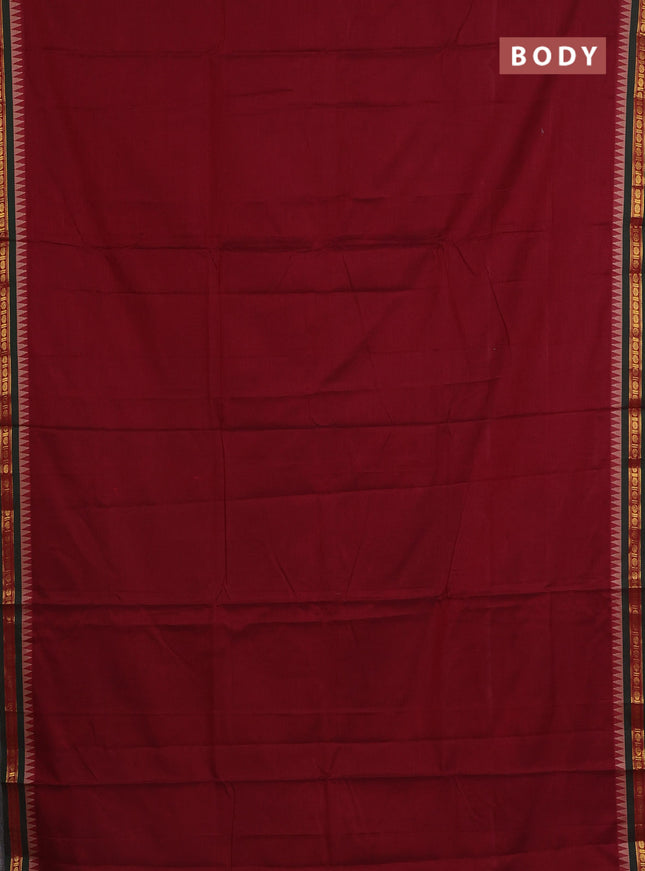 Narayanpet cotton saree maroon and green with plain body and temple design zari woven border