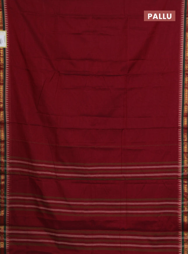 Narayanpet cotton saree maroon and green with plain body and temple design zari woven border