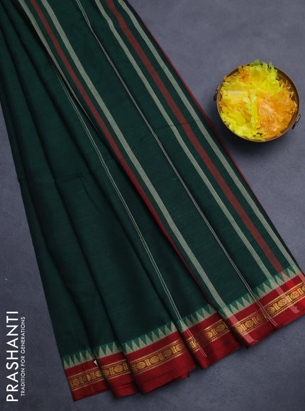 Narayanpet cotton saree green and maroon with plain body and temple design zari woven border