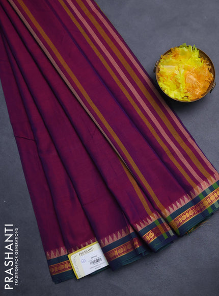 Narayanpet cotton saree purple and dual shade of green with plain body and temple design zari woven border