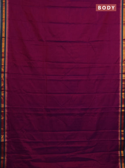 Narayanpet cotton saree purple and dual shade of green with plain body and temple design zari woven border