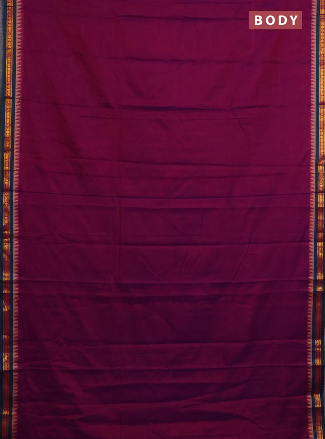 Narayanpet cotton saree purple and dual shade of green with plain body and temple design zari woven border