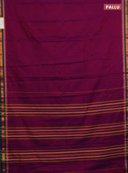 Narayanpet cotton saree purple and dual shade of green with plain body and temple design zari woven border