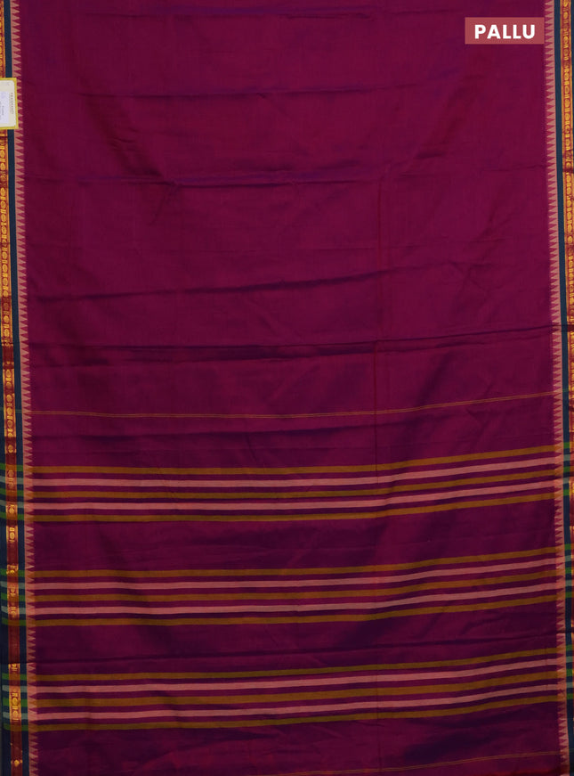 Narayanpet cotton saree purple and dual shade of green with plain body and temple design zari woven border