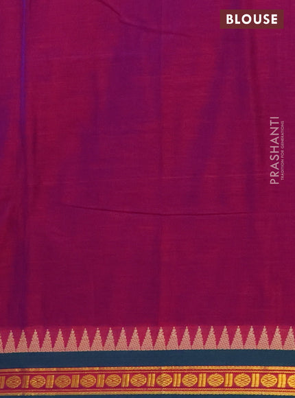 Narayanpet cotton saree purple and dual shade of green with plain body and temple design zari woven border