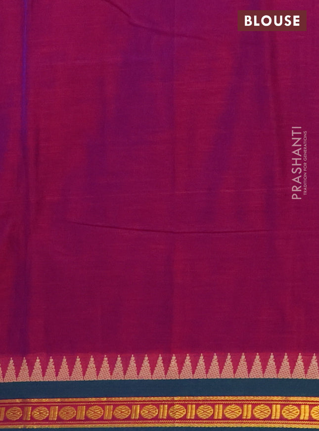 Narayanpet cotton saree purple and dual shade of green with plain body and temple design zari woven border
