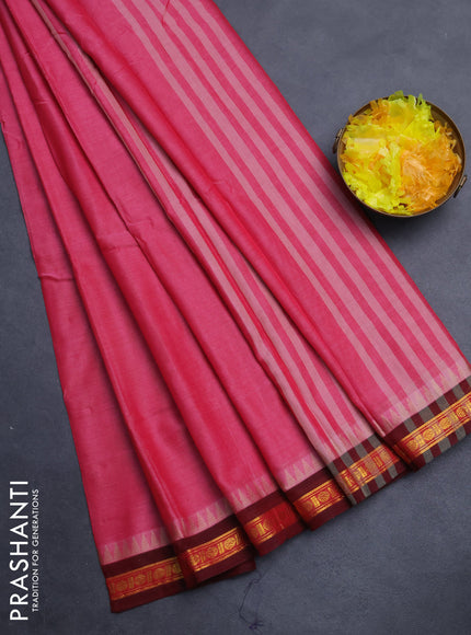 Narayanpet cotton saree pink and maroon with plain body and temple design zari woven border