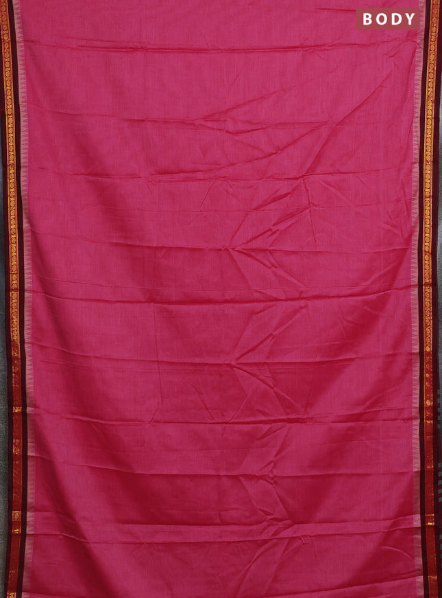 Narayanpet cotton saree pink and maroon with plain body and temple design zari woven border