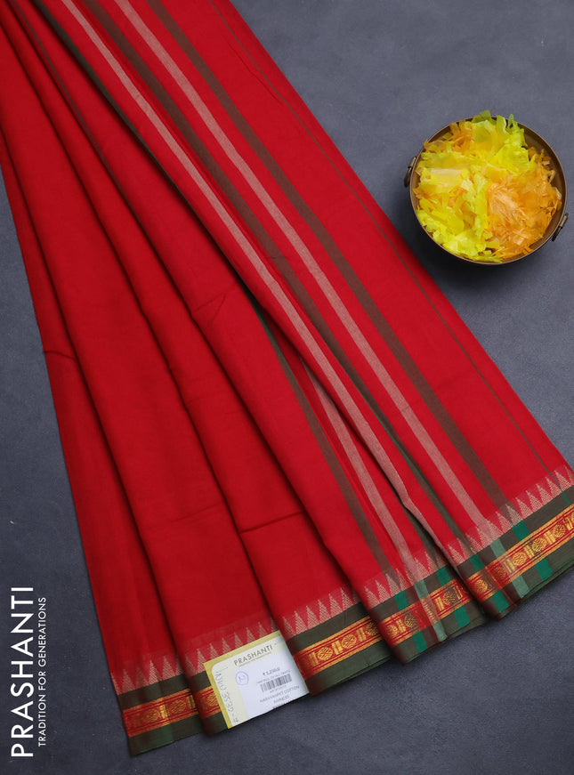 Narayanpet cotton saree red and green with plain body and temple design zari woven border