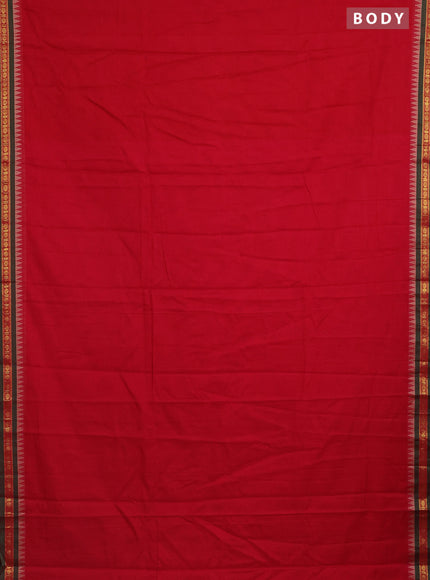 Narayanpet cotton saree red and green with plain body and temple design zari woven border