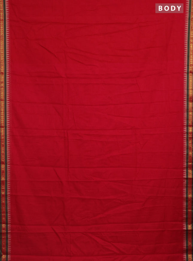 Narayanpet cotton saree red and green with plain body and temple design zari woven border