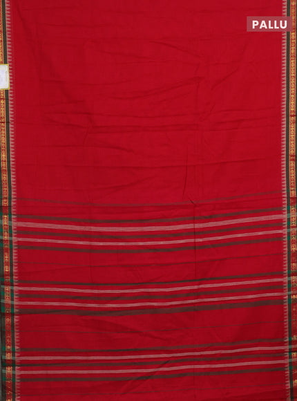 Narayanpet cotton saree red and green with plain body and temple design zari woven border
