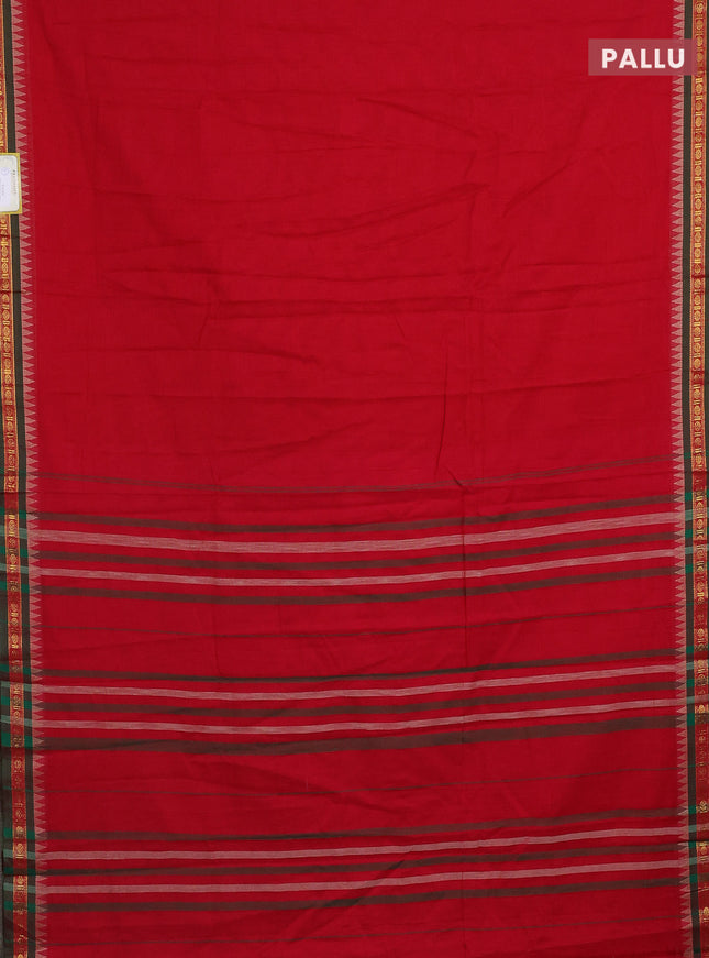 Narayanpet cotton saree red and green with plain body and temple design zari woven border