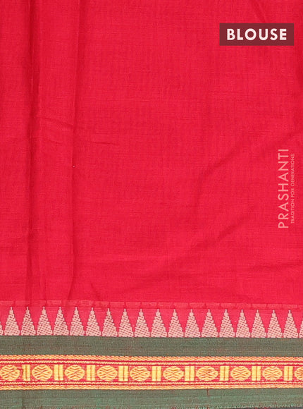 Narayanpet cotton saree red and green with plain body and temple design zari woven border