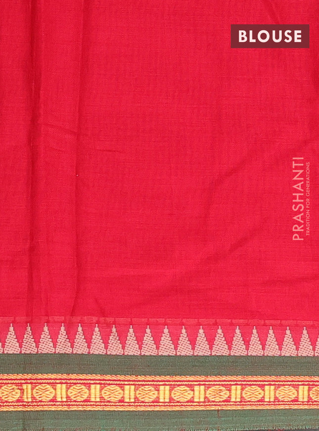 Narayanpet cotton saree red and green with plain body and temple design zari woven border