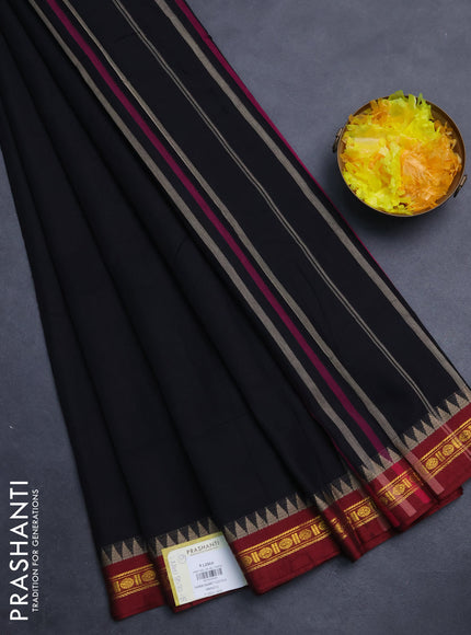 Narayanpet cotton saree black and maroon with plain body and temple design zari woven border