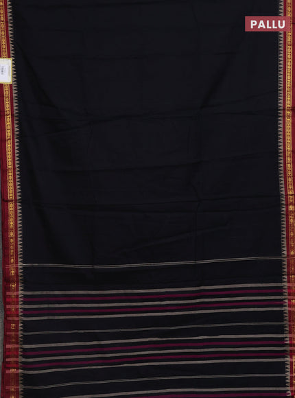 Narayanpet cotton saree black and maroon with plain body and temple design zari woven border