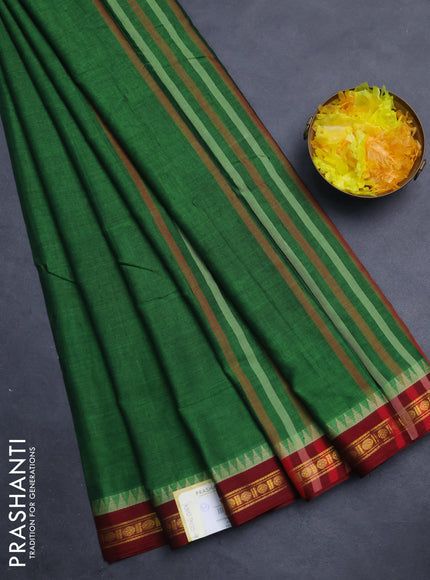 Narayanpet cotton saree green and maroon with plain body and temple design zari woven border