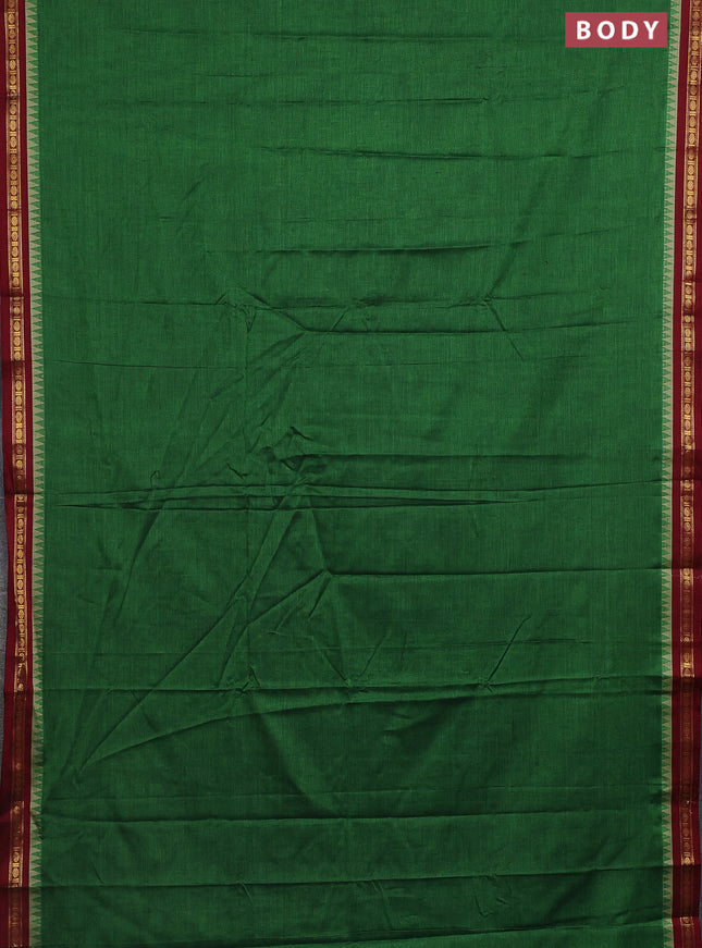 Narayanpet cotton saree green and maroon with plain body and temple design zari woven border