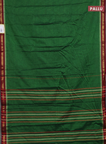 Narayanpet cotton saree green and maroon with plain body and temple design zari woven border