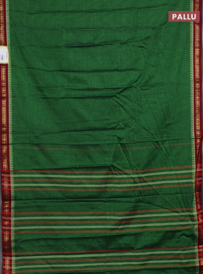 Narayanpet cotton saree green and maroon with plain body and temple design zari woven border