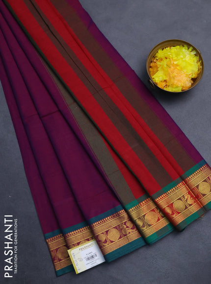 Narayanpet cotton saree dual shade of purple and green with plain body and zari woven border