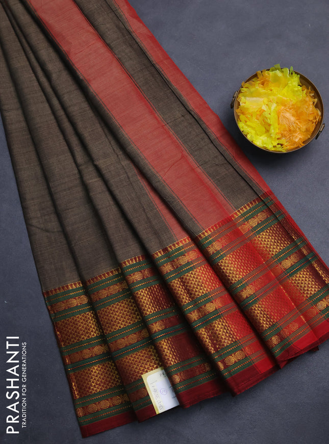 Narayanpet cotton saree grey and maroon with plain body and long zari woven border